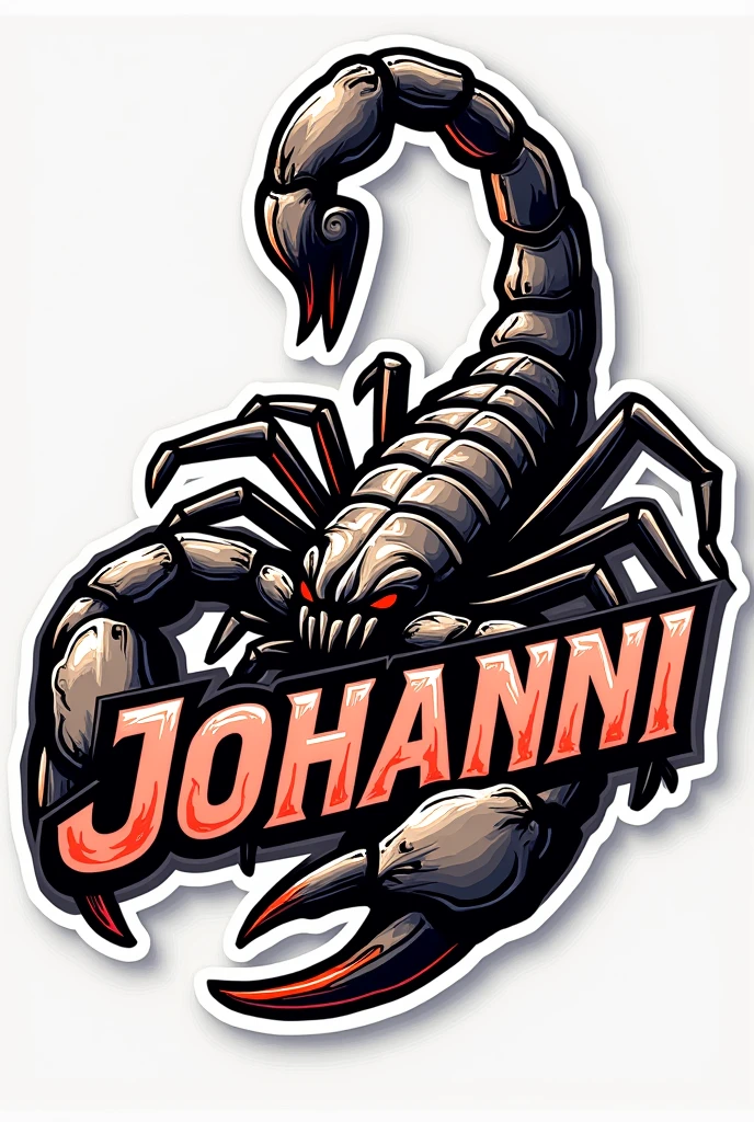 Create a sticker design featuring a scorpion with the name JOHANNI  integrated into the design. The scorpion should be detailed and fierce, with the name creatively placed alongside or wrapped around it, using bold, striking typography.