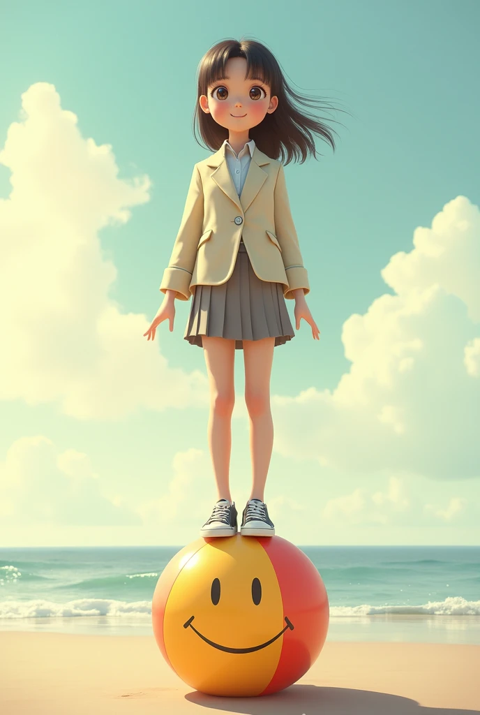 girl in blazer skirt and sneakers sitting on a small beach ball, with the beach ball having a smiley face on it.