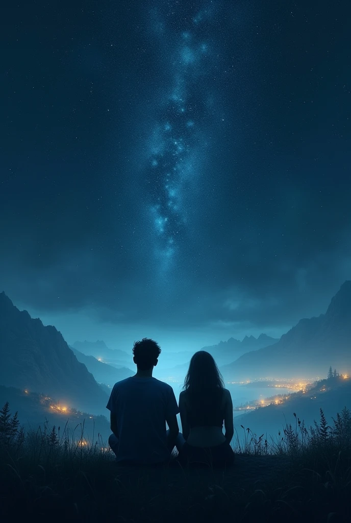 A book cover of  shadow of very dark sky full of stars and a far away glimpse of lights on the town and a man and woman facing back, sitting and looking at the sky. 