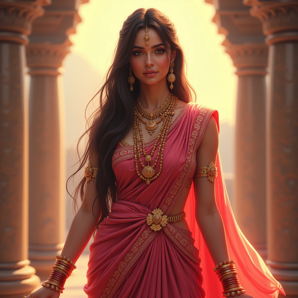 Create a realistic phone wallpaper of the goddess Lakshmi in red pink saree, goddess of wealth and prosperity, beautiful
