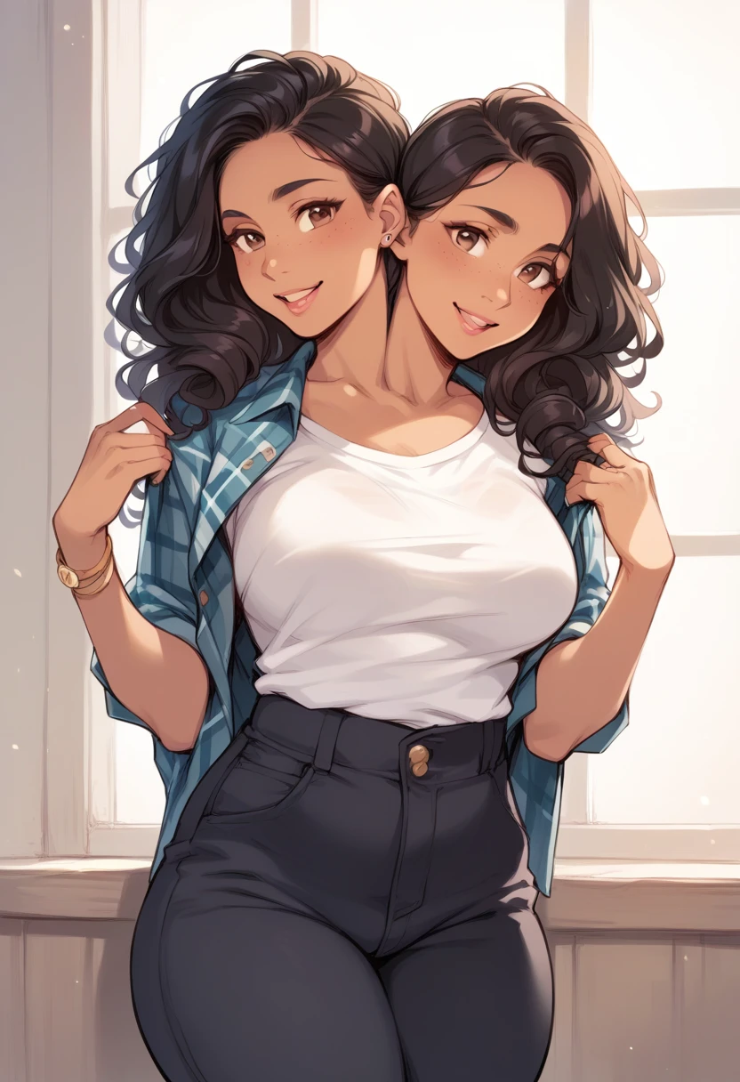 2heads, a thick woman with two heads. She is in a call center office with cubicles. She is wearing an unbuttoned plaid flannel shirt, t-shirt underneath, and black pants. Native American face. She has messy long curly long dark hair. She has baggy eyes. She has a big thighs. Flirty pose.