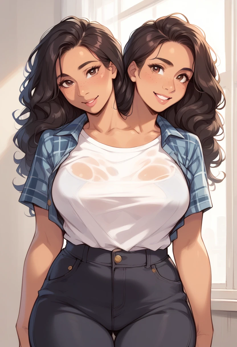 2heads, a thick woman with two heads. She is in a call center office with cubicles. She is wearing an unbuttoned plaid flannel shirt, t-shirt underneath, and black pants. Native American face. She has messy long curly long dark hair. She has baggy eyes. She has a big thighs. Flirty pose.