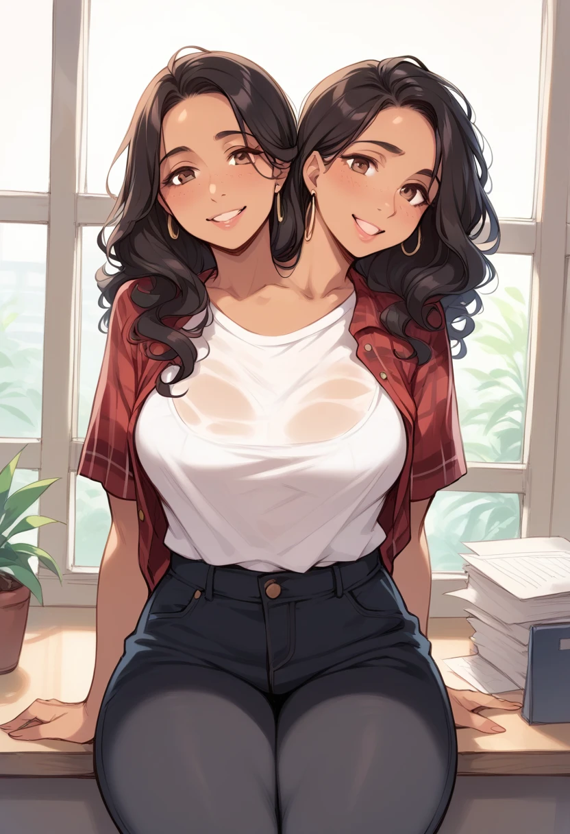 2heads, a thick woman with two heads. She is in a call center office with cubicles. She is wearing an unbuttoned plaid flannel shirt, t-shirt underneath, and black pants. Native American face. She has messy long curly long dark hair. She has baggy eyes. She has a big thighs. Flirty pose.