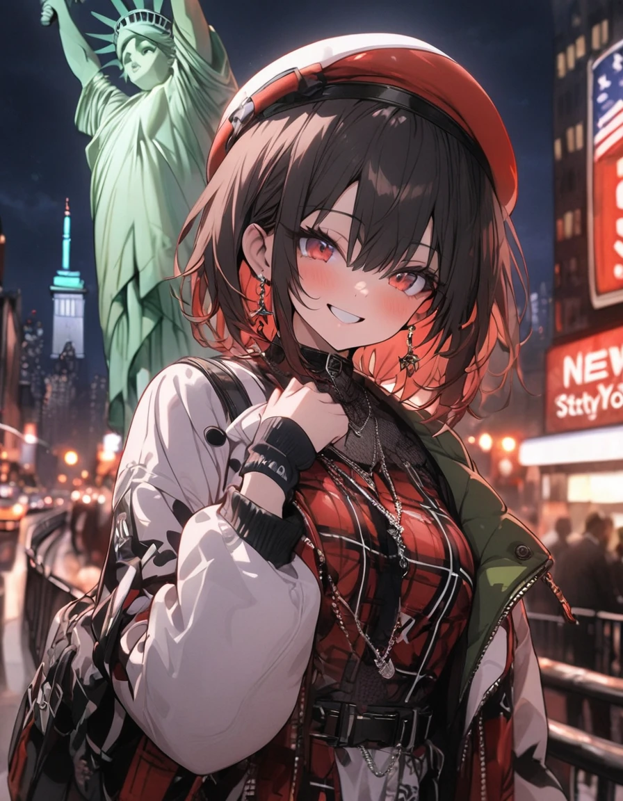 masterpiece、1 girl, short hair, (((red and green tartan check clothes))), (beret), smile, new york city background, city of new york, Night, ((statue of liberty))