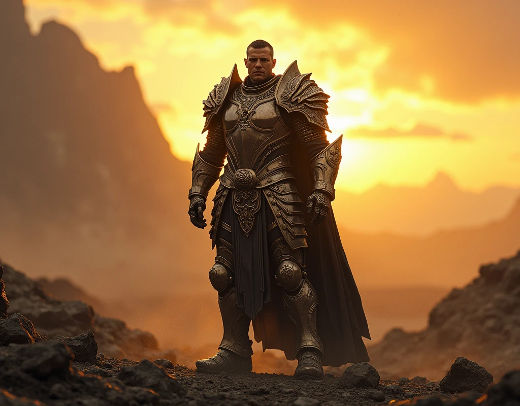 Victorious Vanguard at Dawn: Powerful, commanding, realistic, cold colors, armored warrior, golden sunrise