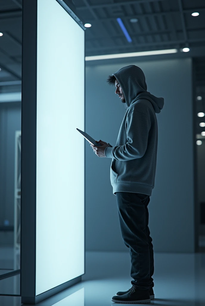 Create an avator standing in front of big screen and have ipad in his hand.the avatar is stand in one side of screen and is men wearing hoodie