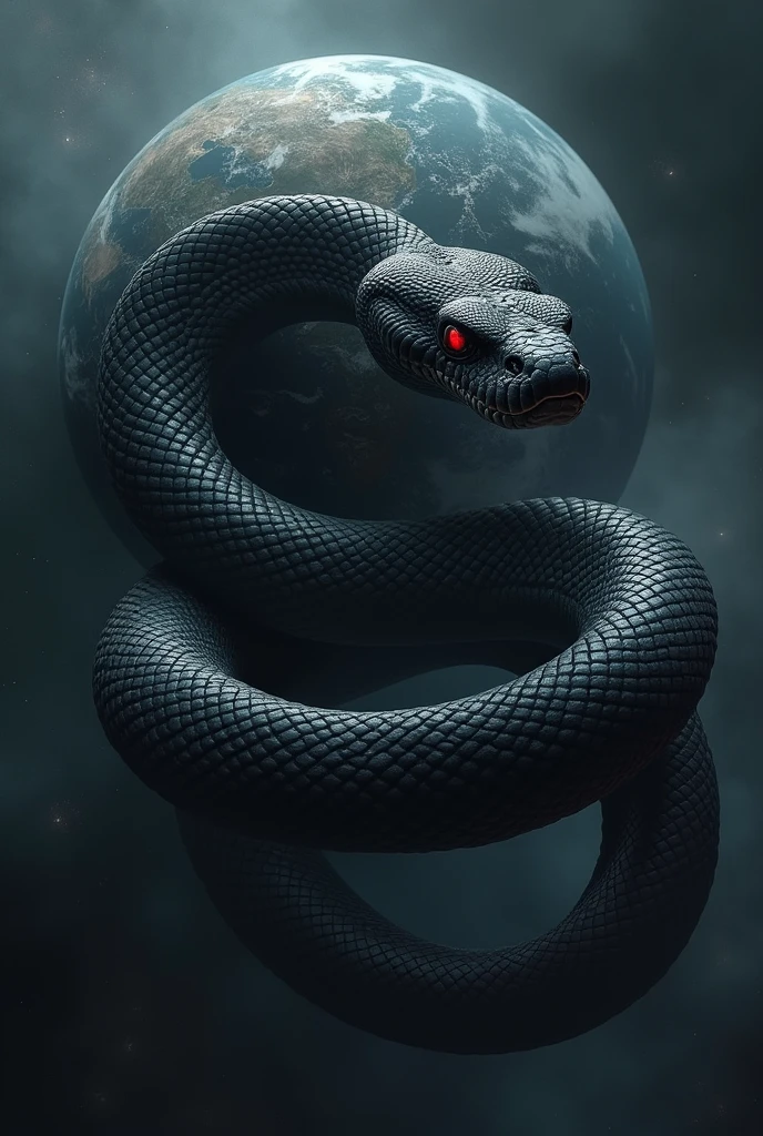 a massive black mamba snake with red eyes coiling around the earth, hyperrealistic, highly detailed, extreme realism, cinematic lighting, award winning painting, digital art, intricate details, 8k resolution, photorealistic, dramatic composition, captivating, breathtaking, chiaroscuro, moody atmosphere, dark and gritty, ominous presence, powerful energy, organic textures, realistic scales, piercing red eyes, sinuous muscular body, crushing the planet in its coils, sense of dread and foreboding, masterpiece, awe-inspiring, lifelike, professional quality