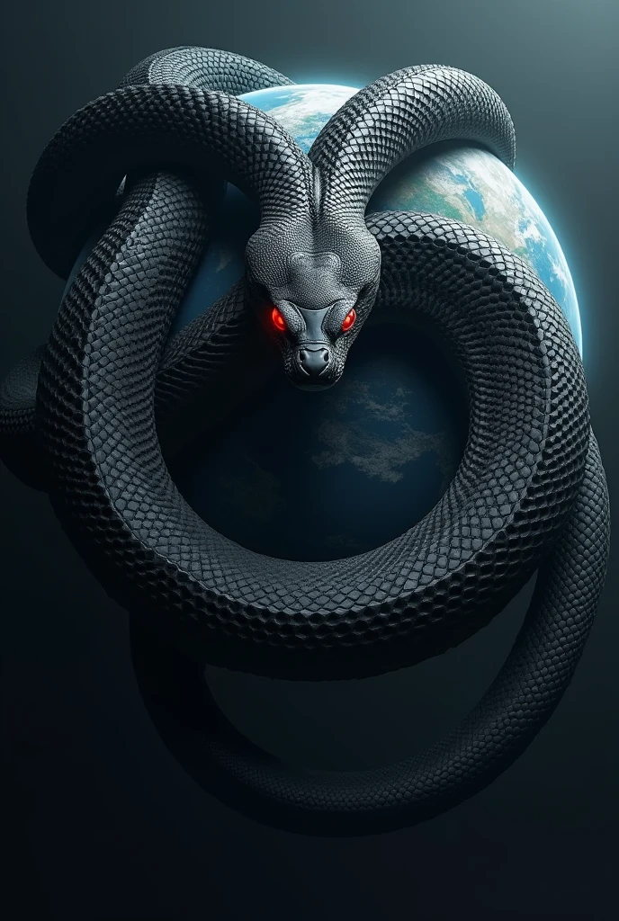 a massive black mamba snake with red eyes coiling around the earth, hyperrealistic, highly detailed, extreme realism, cinematic lighting, award winning painting, digital art, intricate details, 8k resolution, photorealistic, dramatic composition, captivating, breathtaking, chiaroscuro, moody atmosphere, dark and gritty, ominous presence, powerful energy, organic textures, realistic scales, piercing red eyes, sinuous muscular body, crushing the planet in its coils, sense of dread and foreboding, masterpiece, awe-inspiring, lifelike, professional quality
