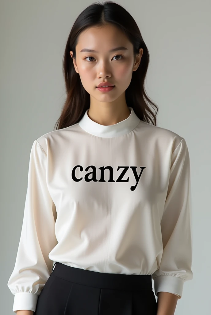 Create a photo of a clothing model for a store, written 'CANZY' in the middle of the blouse