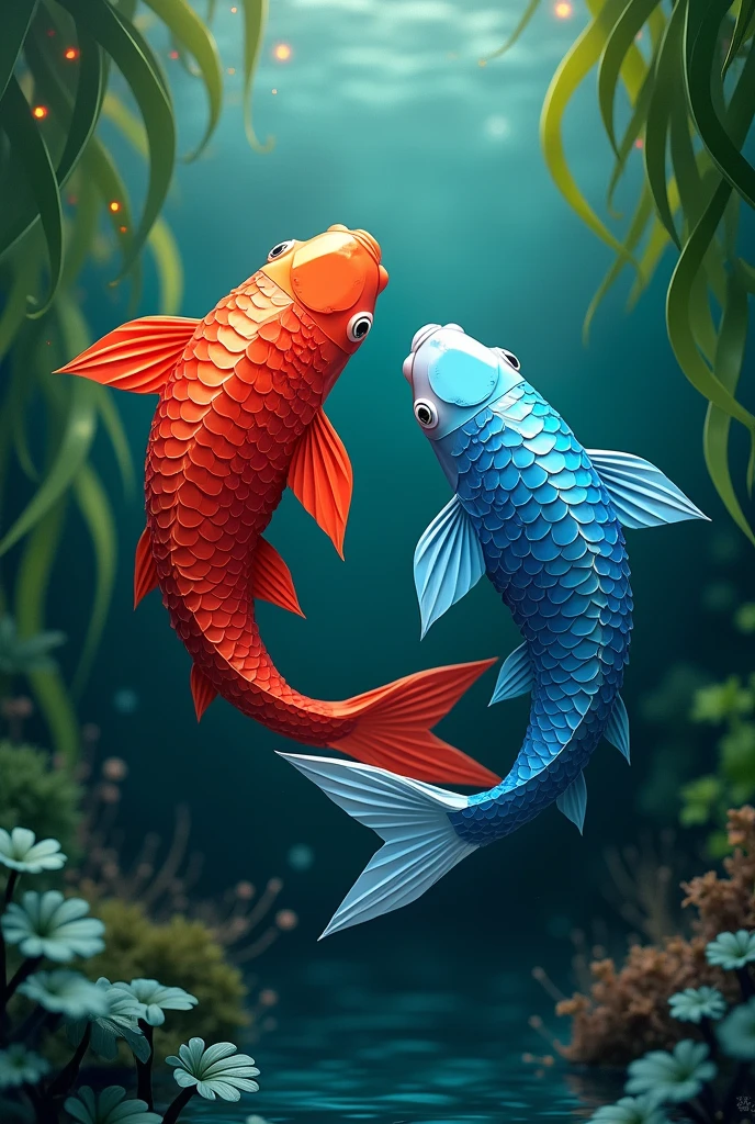 best quality, masterpiece, extremely detailed, origami, two different colored koi fish, swimming underwater circling each other in yin-yang position, seaweed