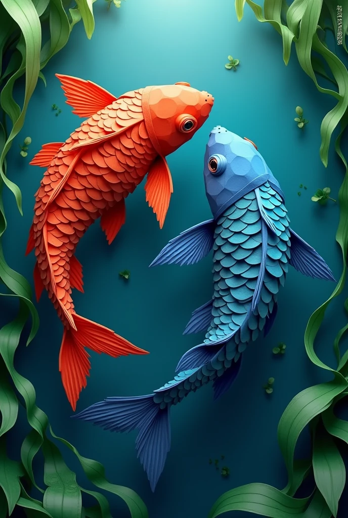 best quality, masterpiece, extremely detailed, origami, two different colored koi fish, swimming underwater circling each other in yin-yang position, seaweed