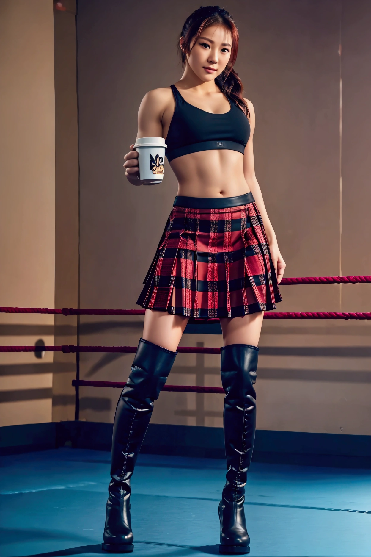 1 female wrestler, beautiful detailed eyes, beautiful detailed lips, extremely detailed face, long eyelashes, ponytail, black sports bra, plaid red and black plaid skirt, leather knee high boots, holding a coffee cup, slim frame, Asian, photo-realistic, (best quality,4k,8k,highres,masterpiece:1.2),ultra-detailed,(realistic,photorealistic,photo-realistic:1.37), vibrant colors, dramatic lighting