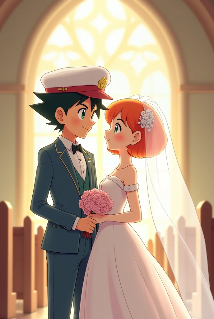 Draw Ash from Pokémon in a groom's suit in different drawing styles ,wearing a white cap and Misty in a beautiful wedding dress.
The dress has a fish fin style.
Let the bride's hair be short and orange ,Her eyes are green and she wears a long veil.
Let the background be soft and only the church bells can be seen Kiss