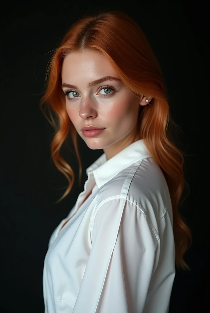 red hair, (best quality,4k,8k,highres,masterpiece:1.2),ultra-detailed,(realistic,photorealistic,photo-realistic:1.37),sexy model,full body, white shirt ,beautiful detailed lips,blonde European 19-year-old,thin body,extremely detailed eyes and face,eyes looking forward at camera, standing in black background