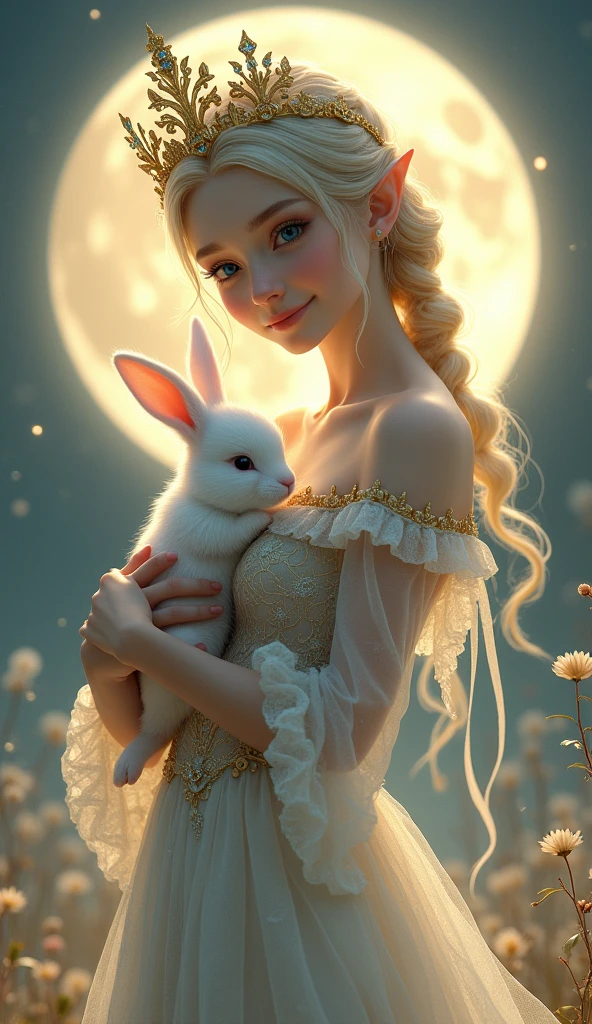 Hyperrealistic full-body illustration, (moon fairy:1.3) with an intricately detailed gown, holding a soft white bunny, (captivating smile:1.3), adorned with delicate, flowing fabric that glimmers in the moonlight, (realistic texture:1.2), standing gracefully in front of a full moon, (detailed and ornate golden crown:1.2) with embedded jewels, gentle winds subtly lifting her dress, (nature elements:1.2) like soft leaves and flowers swirling around her, (warm and soft lighting:1.3), highlighting her ethereal beauty, (captivating blue eyes:1.3) looking at the bunny with love, (moonlight filtering through:1.3), creating a soft, glowing aura, (highly detailed), (ultra quality:1.3), (masterpiece), (digital art), 8K resolution, HDR, depth of field, (soft shadows), (photorealistic:1.3), (in the style of Kinuko Y. Craft), trending on ArtStation, award-winning art