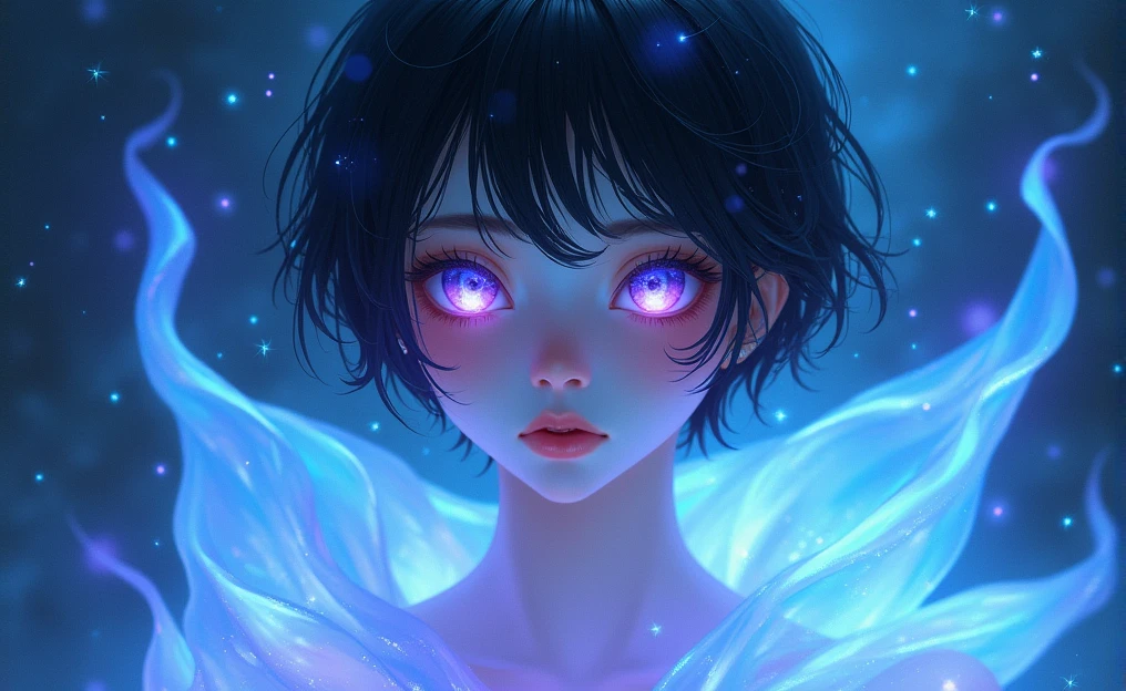 This image portrays an enchanting Teenager boy character with a striking, ethereal appearance. The character has pale, almost porcelain-like skin and short, BLACK hair that is slightly tousled. Their eyes are vibrant, with a shimmering quality that reflects a spectrum of blues and purples, giving them a mystical, otherworldly gaze. The character is draped in a translucent, flowing material that glows with shades of blue, purple, and aqua, reminiscent of the night sky or a galaxy. This material wraps around them, enhancing their celestial and enigmatic aura. The background also contributes to this theme, with a deep, cosmic ambiance filled with subtle, star-like patterns and light trails, which blend seamlessly with the character's attire. Overall, the image exudes a cool, serene, and magical atmosphere, with the character embodying a celestial or astral being, seemingly beyond the mortal realm. The interplay of light, color, and texture adds depth to the image, making it visually captivating and evocative of a dreamlike world.