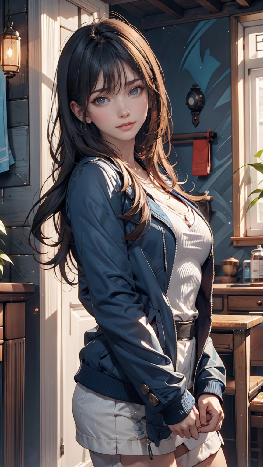 Asian woman in a blue jacket leaning against a wall, Face close-up, Side light