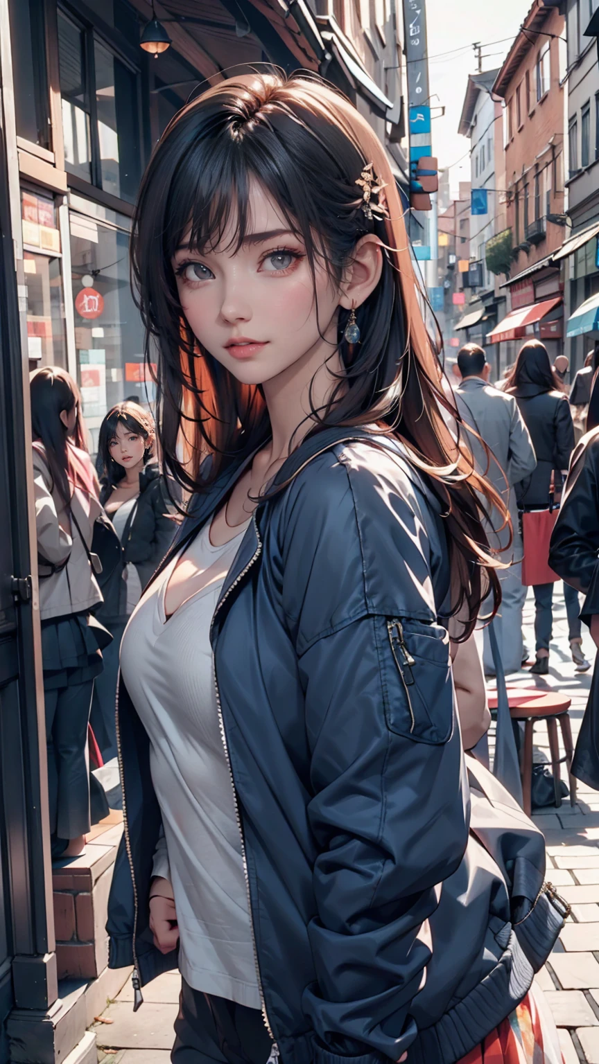 Asian woman in a blue jacket leaning against a wall, Face close-up, Side light