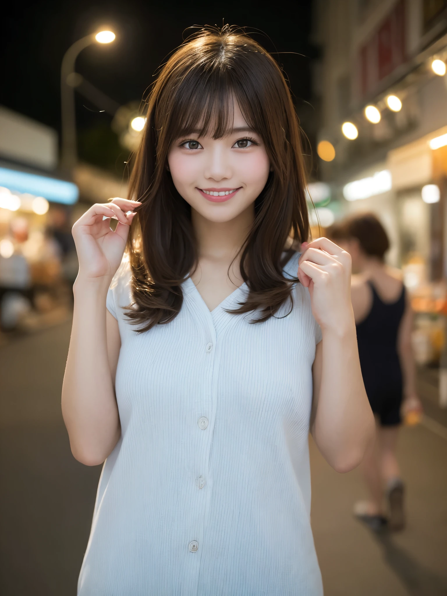 1girl, solo, highres, best_quality, masterpiece, detailed_background, intricate_details, beautiful, okinawa, naha_kokusai_street, city_lights, night_market, summer_clothes, smile, looking_at_viewer, dynamic_pose, natural_pose, candid, happy