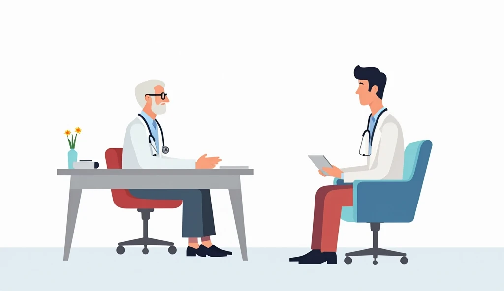 Minimalist UI illustration of An old doctor sat talking to a 30 years old male in hospital office,  in a flat illustration style on a white background with bright color scheme, dribbble, flat vector