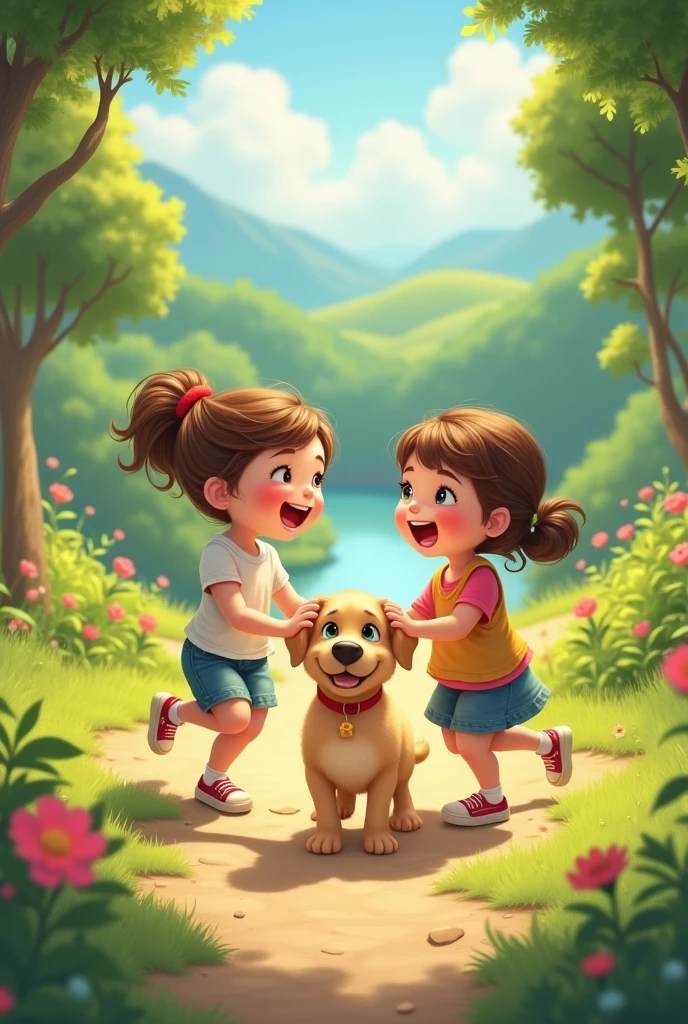 Two girls playing with a dog in a park 