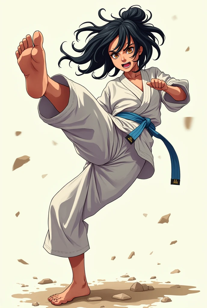 Naruto style 20 year old athletic female girl, light skinned, with amber eyes, one darker than the other, half up messy black hair, with an expression of rage, dressed in karate uniform and light blue belt, doing a kick 