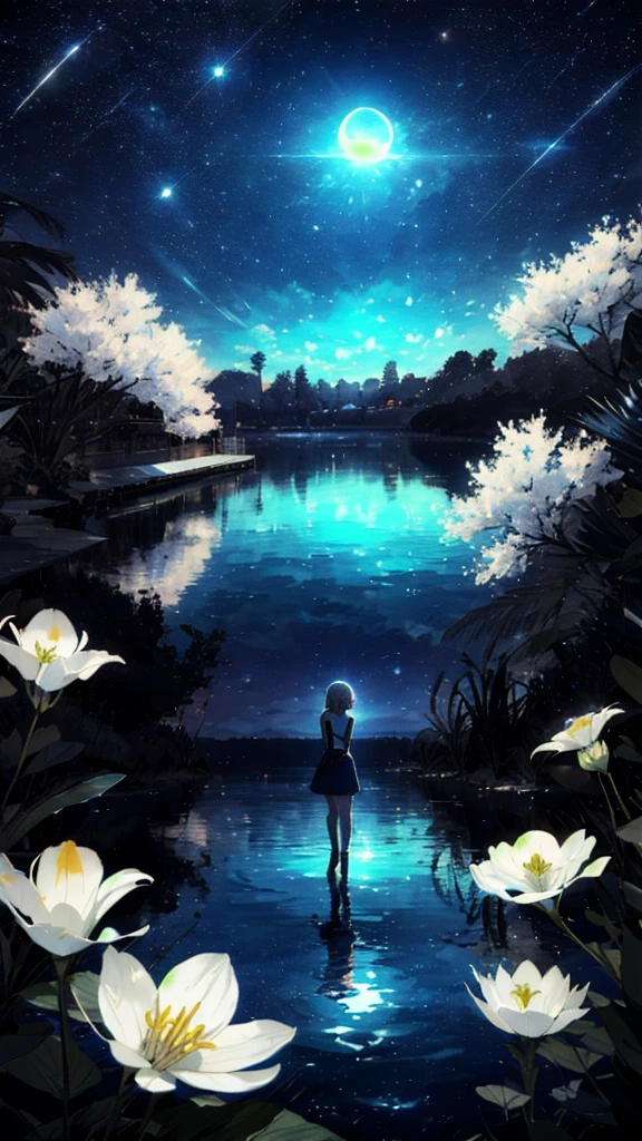 A girl, Solitary, Stand on the water, Reflective surface, , Cat ear, (poster:0.76), (Palm leaves), White flowers, (Blue light glow:1.2), night, Dark theme, Starry Sky, dream,moonlight