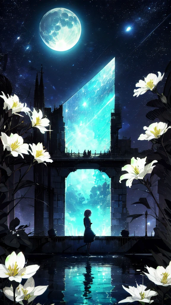 A girl, Solitary, Stand on the water, Reflective surface, , Cat ear, (poster:0.76), (Palm leaves), White flowers, (Blue light glow:1.2), night, Dark theme, Starry Sky, dream,moonlight