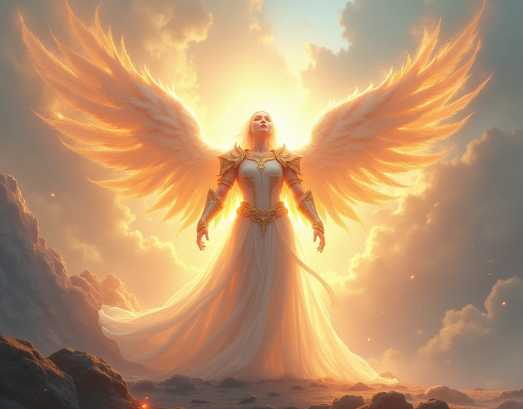 Celestial Warrior's Triumph: Mystical, serene, brushstrokes, ethereal colors, glowing halos, sunrise glow