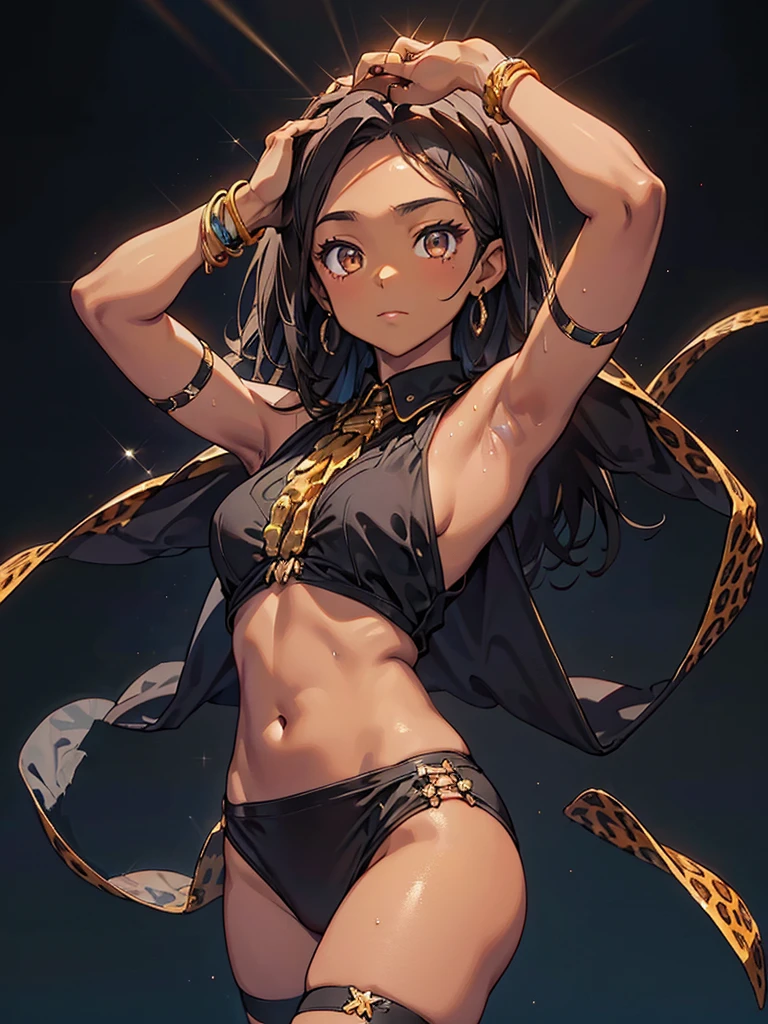 Black background with spotlight,１people々((Dark Skin:1.5,Dark brown eyes:1.4,Black Hair:1.3,Gal Style,big ,)), Leopard print underwear、rinwell , beautiful girl、Raise your hands to show your sweaty armpits,