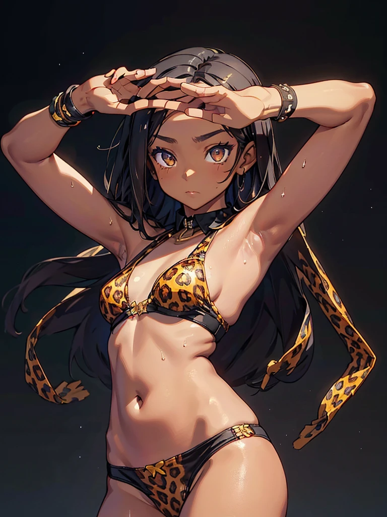 Black background with spotlight,1people々((Dark Skin:1.5,Dark brown eyes:1.4,Black Hair:1.3,Gal Style,big ,)), Leopard print underwear、rinwell , beautiful girl、Raise your hands to show your sweaty armpits,