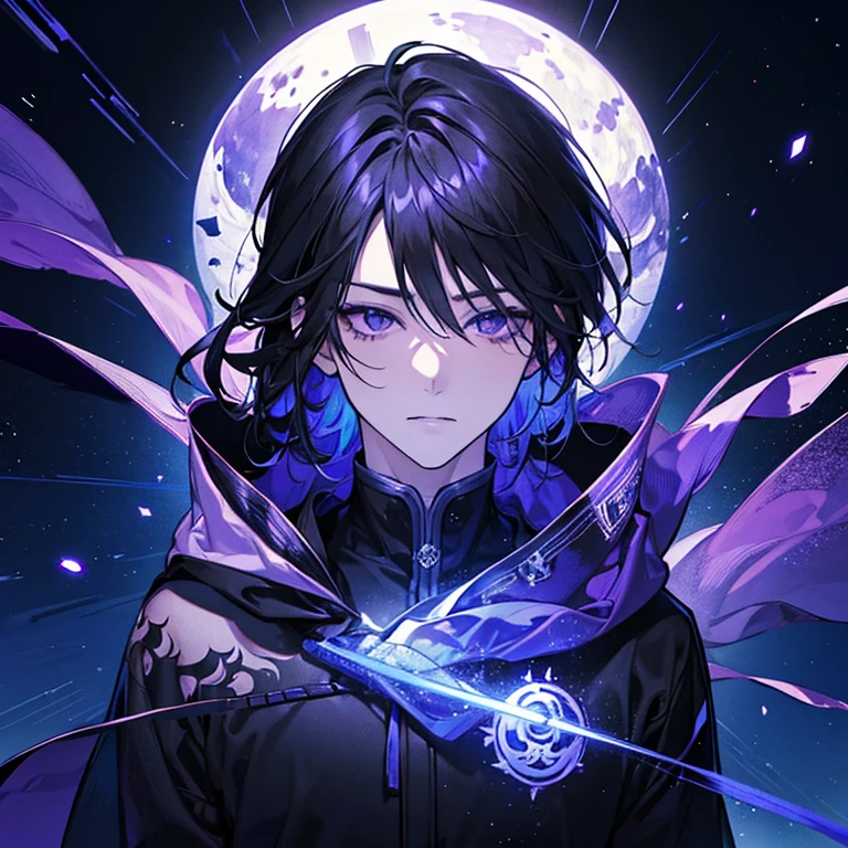 hope、Black purple light、ephemeral、Spectacular views、night、star、beautiful、move、A handsome man in an upper body shot、Black Hair、Narrow eyes、dark、An illustration、hoodie、icon