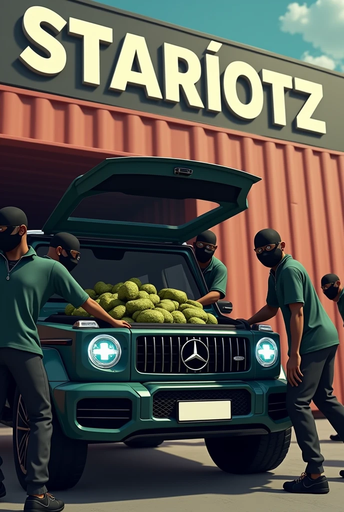 An animated image where a container full of weed bags is being unloaded in a container port by several people and all people are wearing a Moroccan jersey and are fully masked and the weed is being loaded into the trunk of a Mercedes SUV and at the top of the image the name &quot;STARIOTZ&quot; is written in large letters