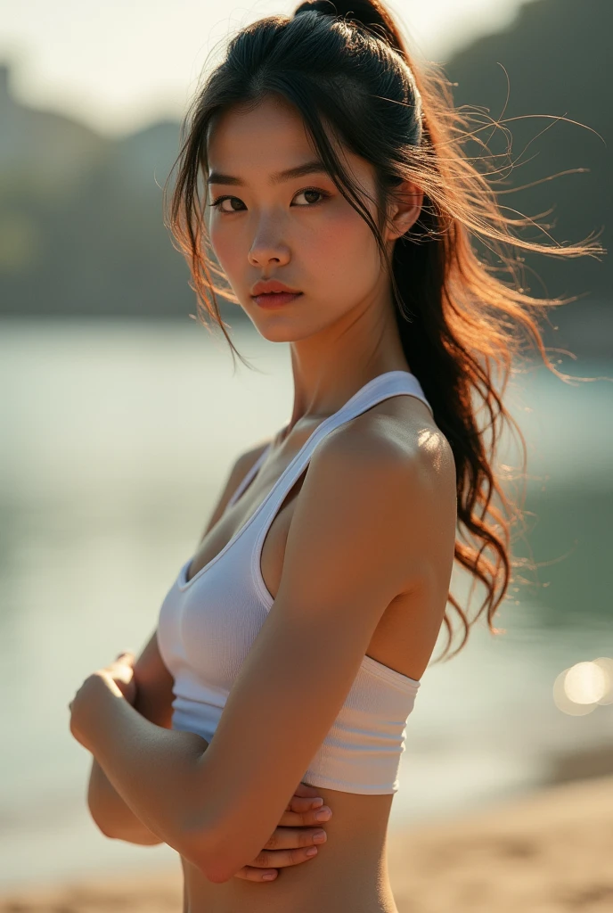 A hyper-realistic, photo-like image taken from a extreme low-angle shot from the ground up, capturing the upper body of a person from the waist up. From below, 1 Japanese (flat chest:1.4) woman wearing micro bikini, short brown hair. (nipple see through:1.3), The perspective emphasizes the underside of the chest, with detailed textures in the skin, clothing, and shadows. The lighting is natural, with soft shadows highlighting the contours of the chest. The background is out of focus, ensuring the focus remains on the person from this dramatic, upward-looking viewpoint.