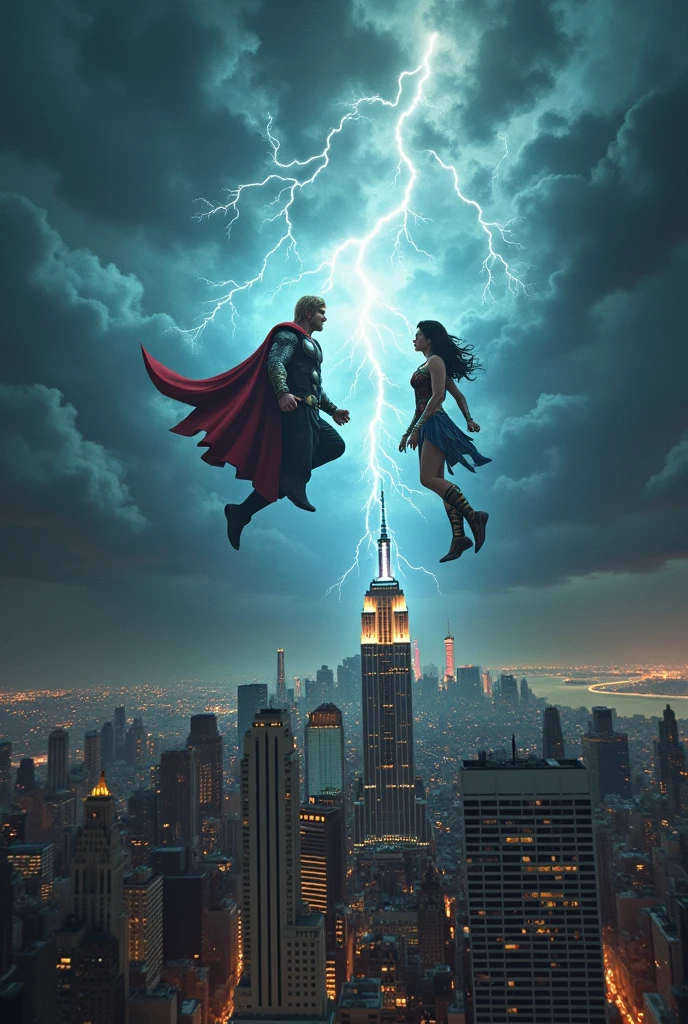 Prologue: The Gathering StormPrompt: "A dramatic scene over New York City with dark, swirling storm clouds and lightning. Thor descends from the storm, wielding Mjölnir, glowing with thunderous energy. Wonder Woman lands gracefully nearby, her Lasso of Truth glowing brightly. The atmosphere is intense and foreboding, with a swirling cosmic rift visible in the distance."