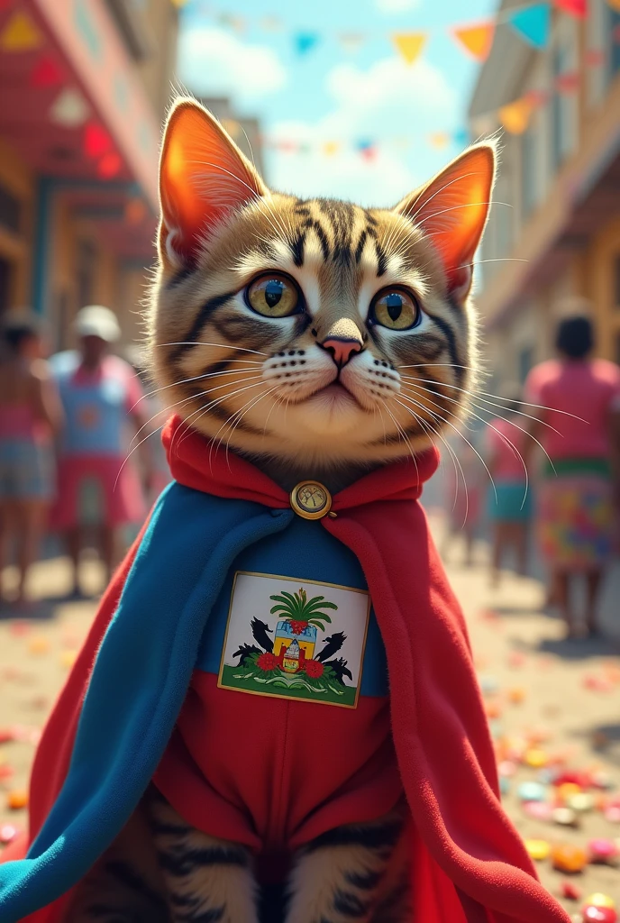 Un jolie chat avec un drapeau haitien comme vêtements dans un carnaval