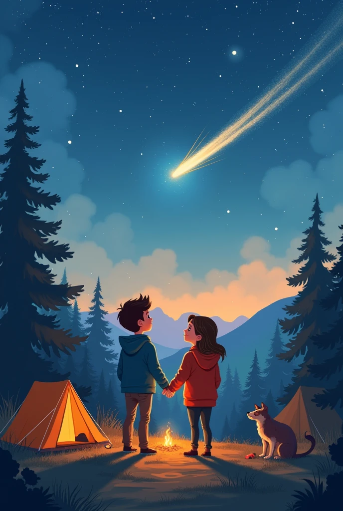 a couple holding hands in hoodies camping watching a shooting star animated children&#39;s
