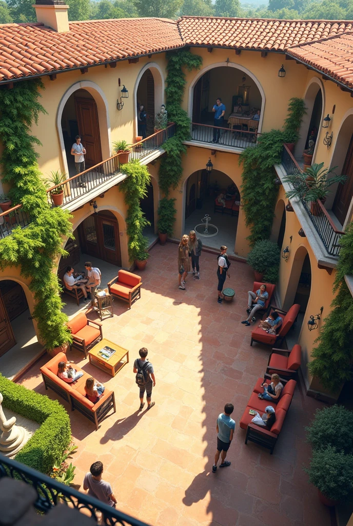 a terrace on the second floor of a university with Italian garden style, with many areas for students to have somewhere to hang out