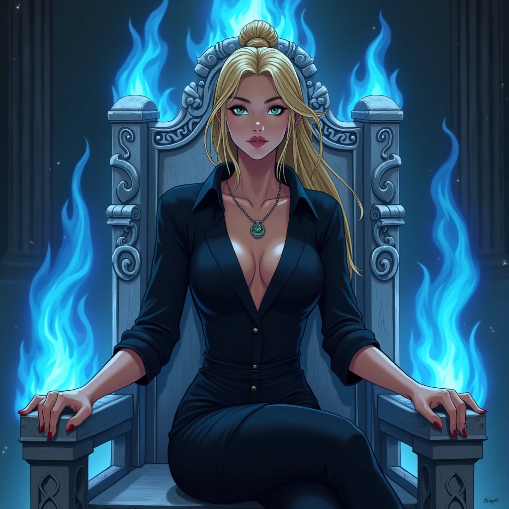 A 30 year old man, green eyes, sitting nonchalantly on a throne of blue flaming bones, She has long blonde hair in a bun, with a little blonde beard, half muscular, marked jaw, she is very beautiful, exudes power and dominance, It is very attractive, is in a dark and gloomy place, He has a black elegant shirt and black pants. ((A woman sitting on her legs)) The young and beautiful woman (19 years) is intense blue eyes, long, straight, jet-black hair, she is very beautiful, hips a little wide, medium breasts, slim. She is wearing a tight and beautiful elegant black dress, which has a V-neckline and a leg slit. It's like a metaphor for Hades and Persephone. animated art...