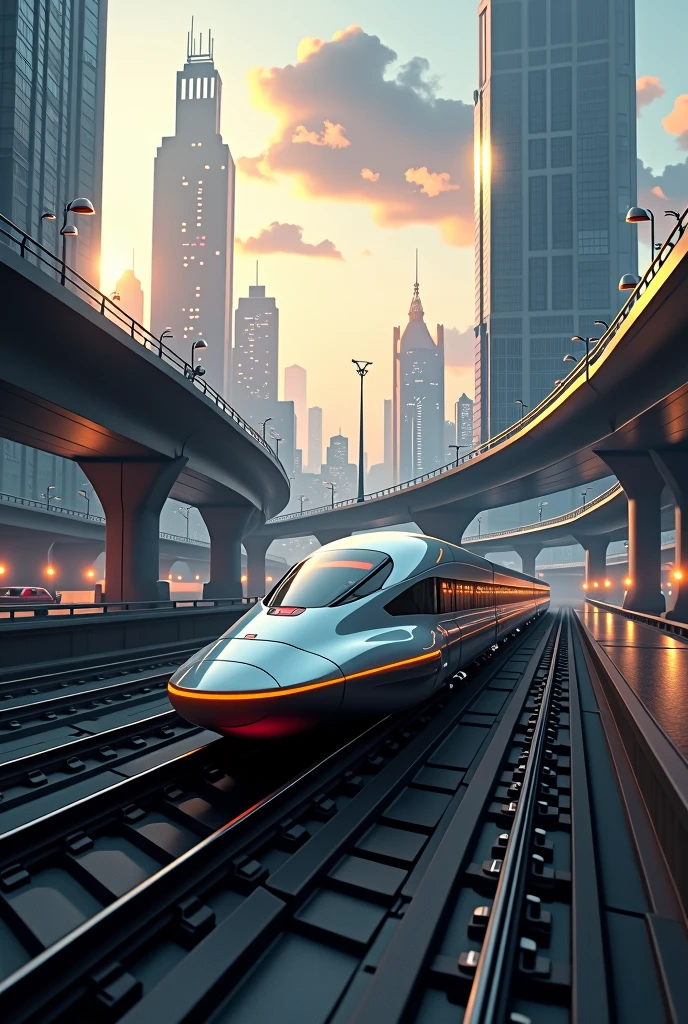 express train travels along evening railway with motion blur. Futuristic landscape with tall buildings around. Evening sky with clouds and fog on the horizon. Lots of overhead roads, bridges, transport hubs and cars around.