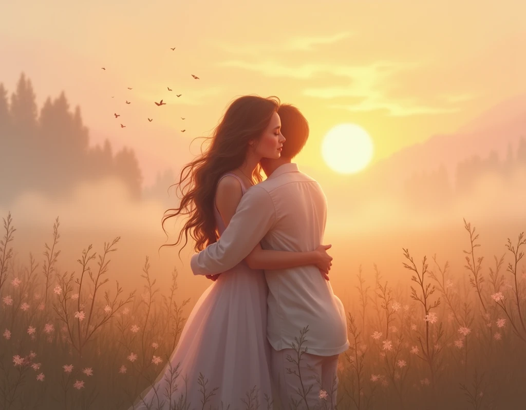 Dawn's Embrace: Warm, comforting, impressionistic, pastel hues, embracing figures, sunrise illumination