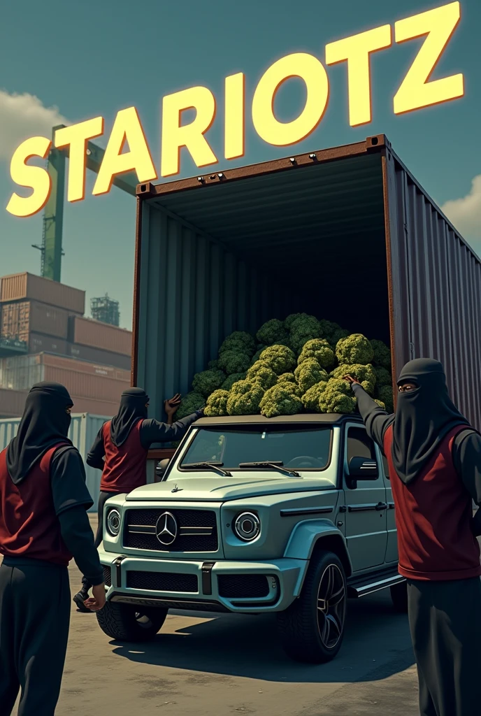 An animated image where a container full of weed bags is being unloaded in a container port by several people and all people are wearing a Moroccan jersey and are fully masked and the weed is being loaded into the trunk of a Mercedes SUV and at the top of the image the name &quot;STARIOTZ&quot; is written in large letters