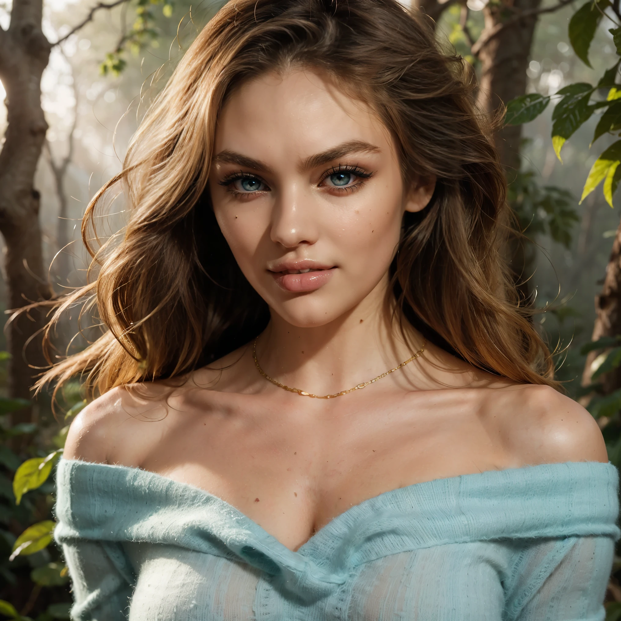 (Best Quality), (ultra-detailliert), (master piece), (hight resolution), 16K resolution, 1 woman, 20 years old, Candice Swanepoel, close up portrait, slose up shot, sassy smile, radiant smile, seductive, lustful facial expression, confident, light green cashmere wool dress, off shoulder dress, skintight dress, golden necklace, golden braceet, looking at viewer, light blue eyes, ((bright blue eyes)), long braided hair, blond hair, (beautiful and detailed face), slender waist, thin body, narrow shoulders, outside, german forest, oak tree forest, in the middle of the forest, misty mounatins in background, sunrise, sunshine