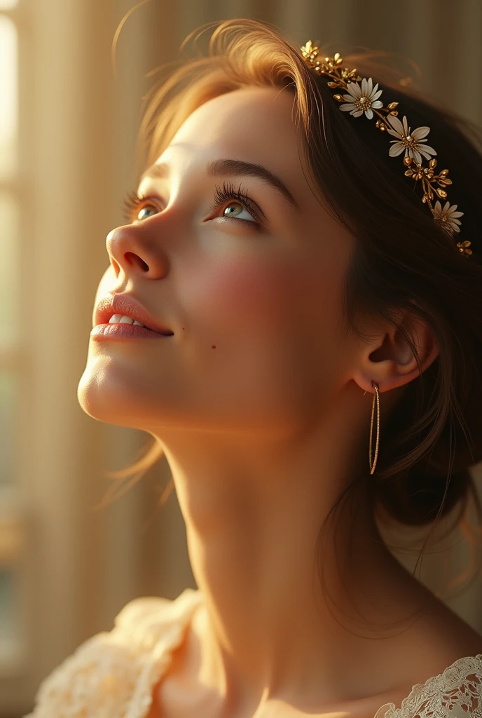realistic image 32 year old woman praising God 18k