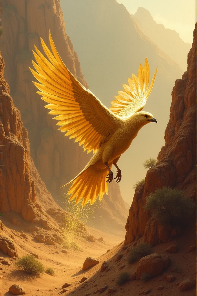 I need to draw a golden bird that feeds on metals and diamonds flying through the mountains of Atacama Chile, Alicanto with oil painting type technique