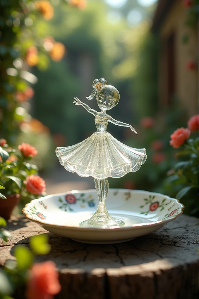 A delicate miniature girl-like figure, fashioned from colorful glass, twirling on an intricately painted porcelain plate, set in a quaint, fairy-tale garden with vibrant flowers and ivy- covered walls. The plate's ornate designs add a touch of elegance, while the garden blooms in a riot of colors, illuminated by soft, dappled sunlight. The figure's pose exudes grace and enchantment, with reflections of light playing off the glass to create a mesmerizing effect. Created Using: fairy-tale aesthetics, close-up photography, vibrant color palette, soft focus, detailed craftsmanship, hd quality, natural look-ar 16:9 -