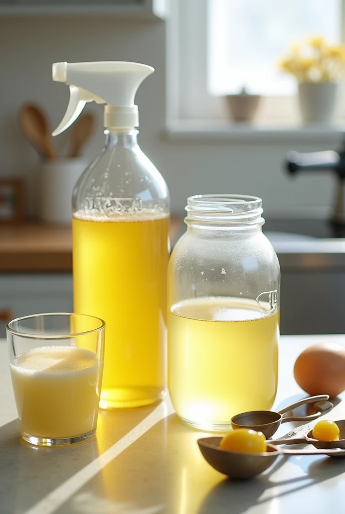 • Vegetable oil • Water • Liquid soap (or egg yolk as a natural alternative)
• Two glass jars with lids • Measuring spoons
