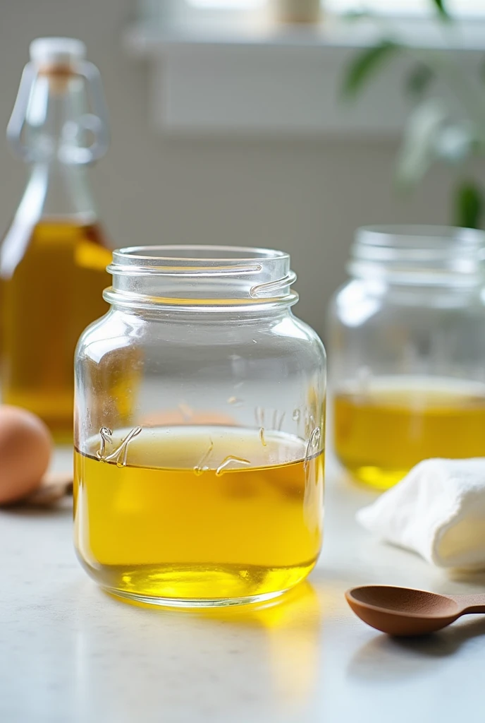 • Vegetable oil • Water • Liquid soap (or egg yolk as a natural alternative)
• Two glass jars with lids • Measuring spoons
