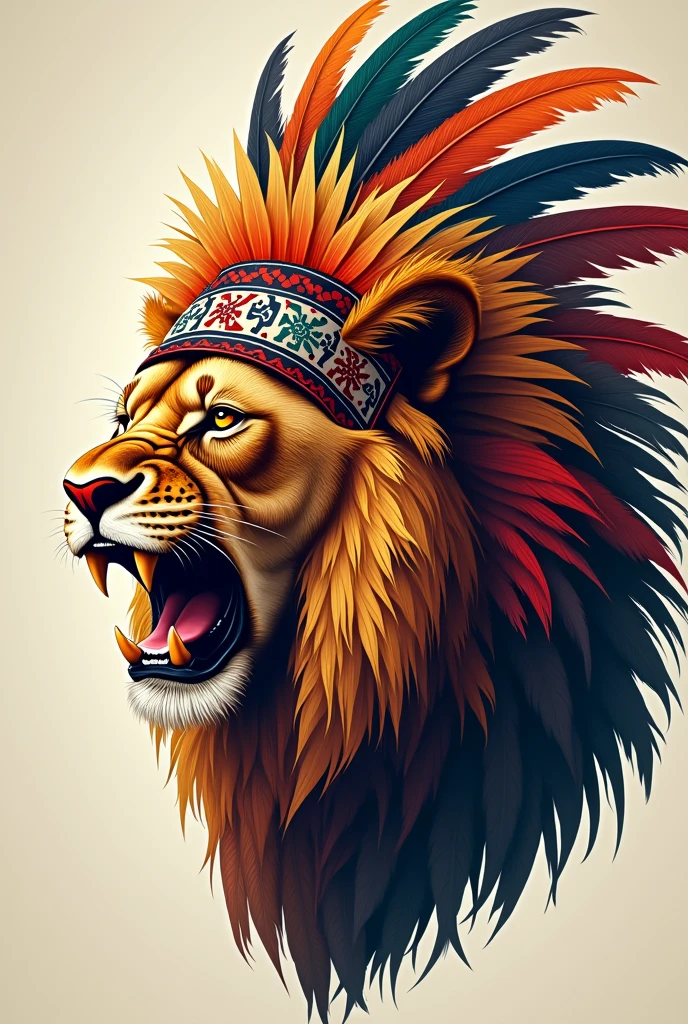 Right profile of a roaring Lion Head with a large indigenous colored feather headdress with the name EDUWIN