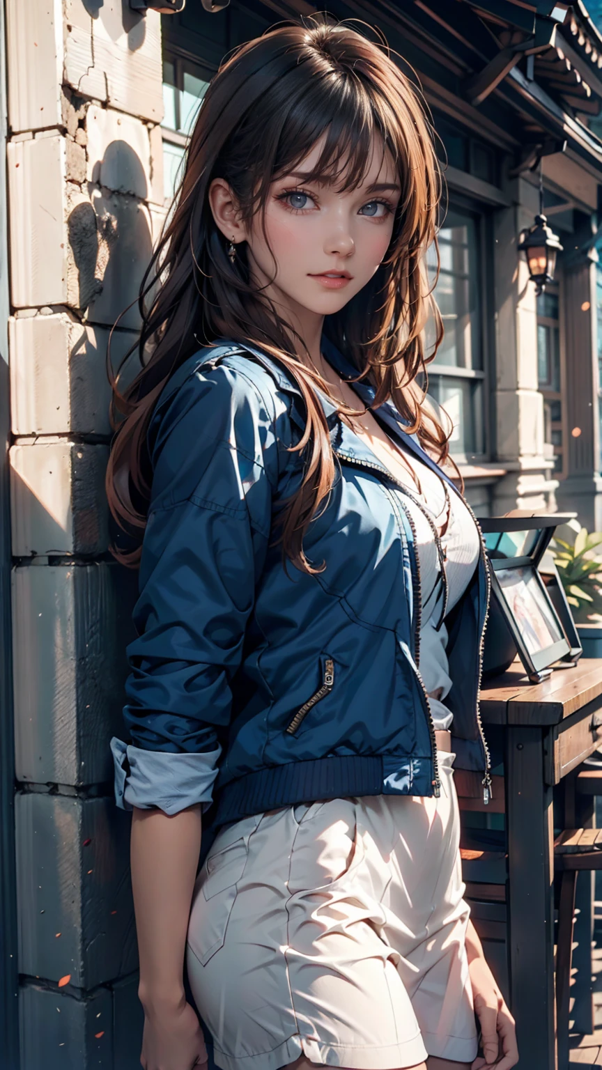 Asian woman in a blue jacket leaning against a wall, Face close-up, Side light